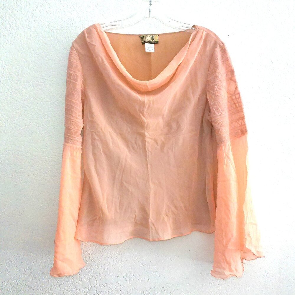 The Look Luxe, Peach long flare sleeve shirt, with embroidery details, 100% silk